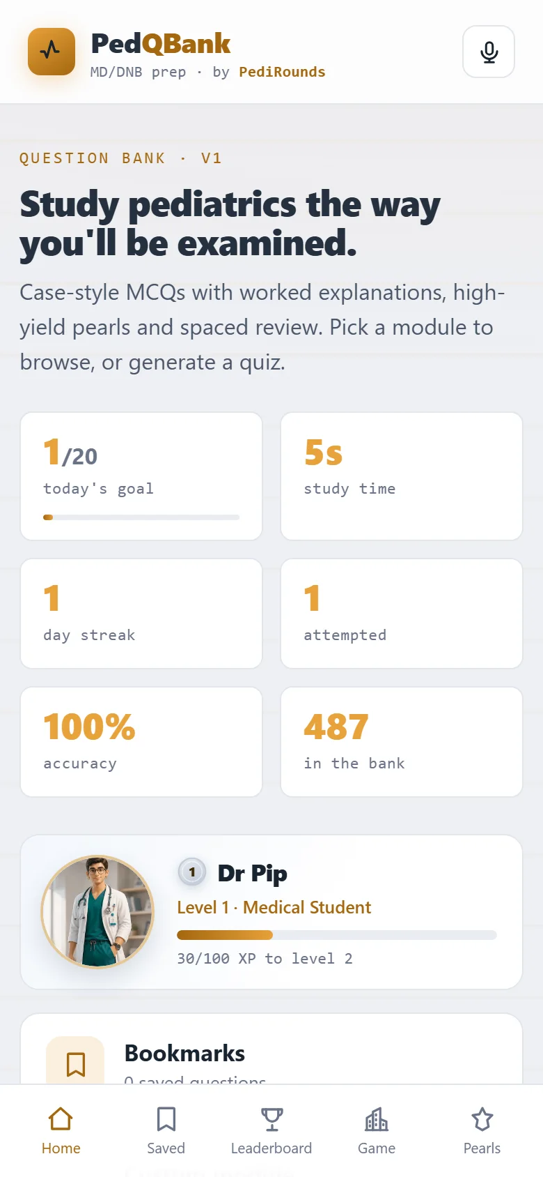 PedQBank home screen with daily goal, streak and accuracy