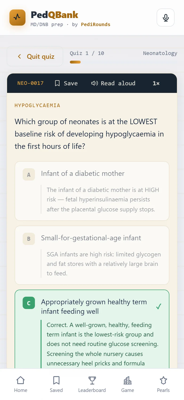 PedQBank question on neonatal hypoglycaemia with the correct answer explained