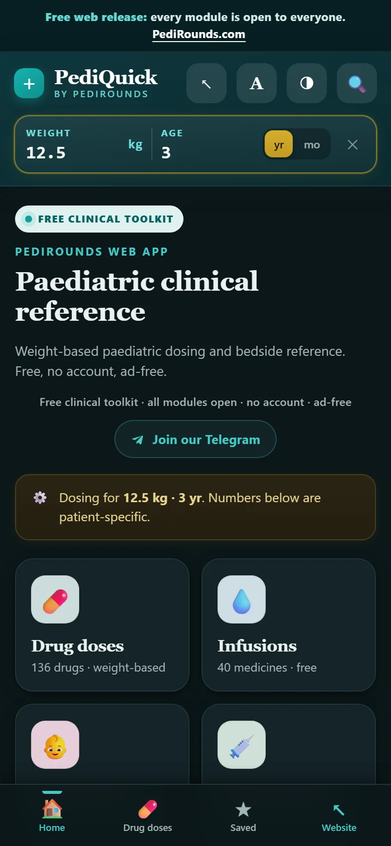 Clinical Toolkit home screen with drug, infusion and neonatal modules